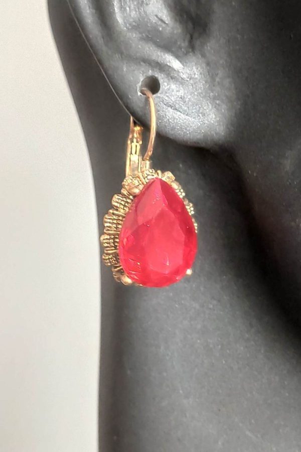 Kırmızı taş sallanan vintage tasarım akşam küpe otantik küpeler