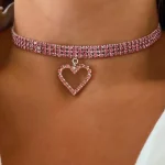 Kadın Kalp Figürü Gerdanlık Kolyesi Pembe Taş Gümüş Kaplama