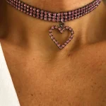 Women's Heart Figure Choker Necklace Pink Stone Anthracite Coating